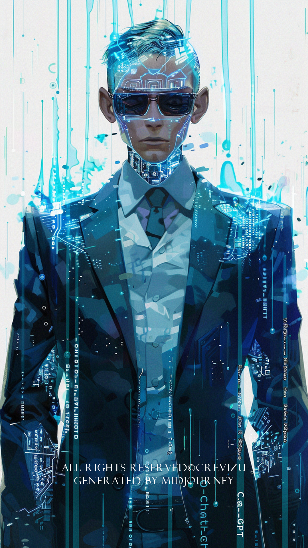 cover of "Solar" magazine, suit, number one hero. human. low angle, fullbody the elegant international ai magazine featuring the emergence of the dynamic mysterious, beautiful agi, dripping ASCII code, bright colors, black and blue Background, global illumination, monchrome (사진=크레비쥬)