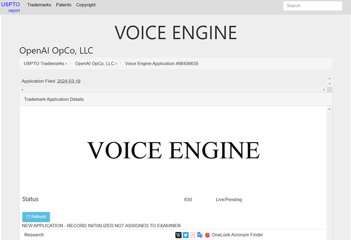Voice Engine trademark application documents (Photo = USPTO)