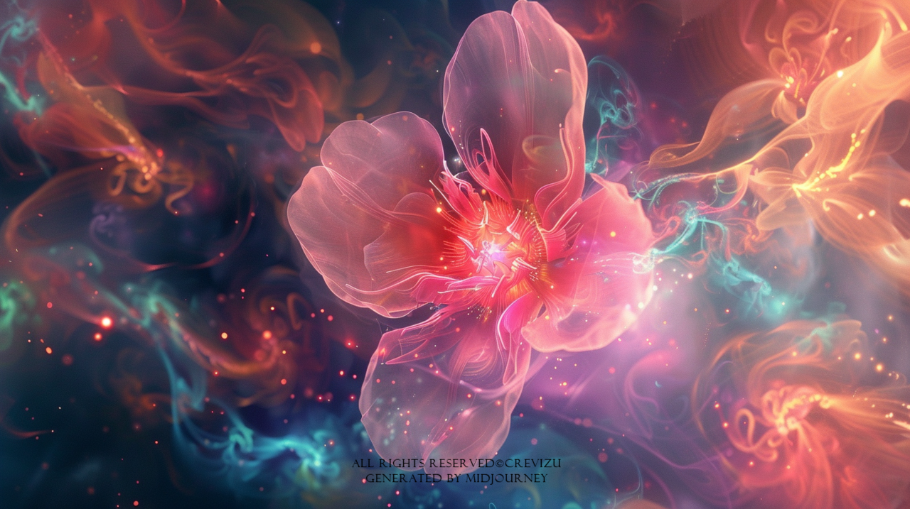 a cherry blossom flower, blackhole, atomic, gravitational energy, colorful (사진=크레비쥬)