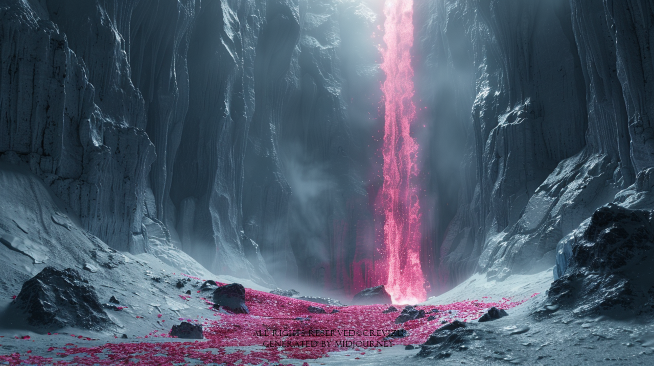 camera fish lens, a cherry blossom forest in the Antarttic glacier cave, a beam of light descends from the perforated ceiling. petals fall around. energetic (사진=크레비쥬)