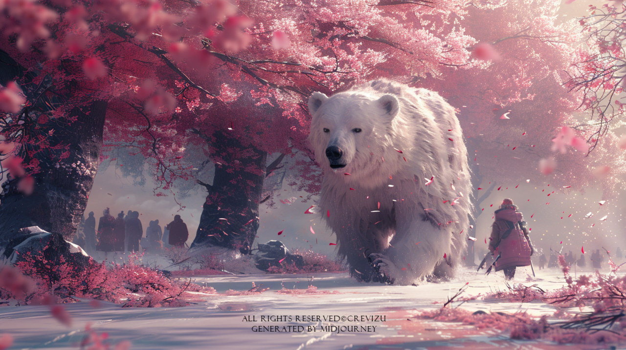 an explorer, the north pole, white bear, cherry blossom trees, colorful, energetic visually stunning dream (사진=크레비쥬)