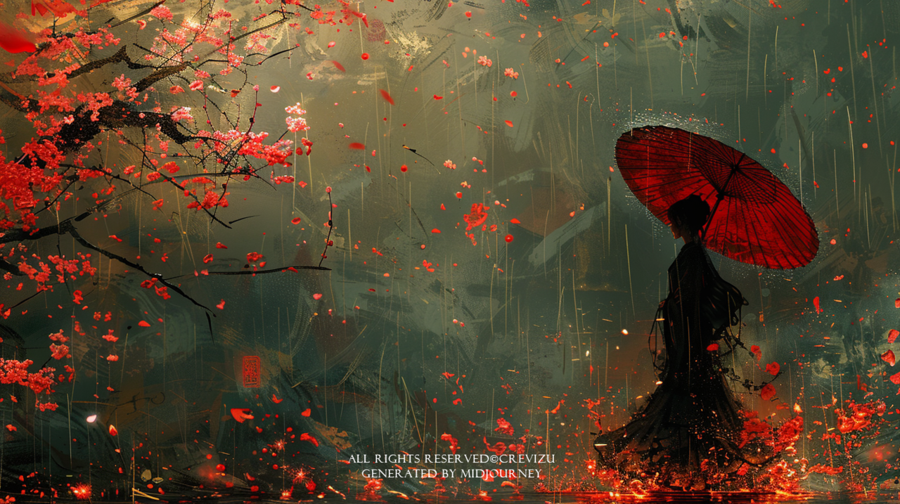 pop art, fire, cherry blossom trees, umbrella, colorful, monochrome (사진=크레비쥬)