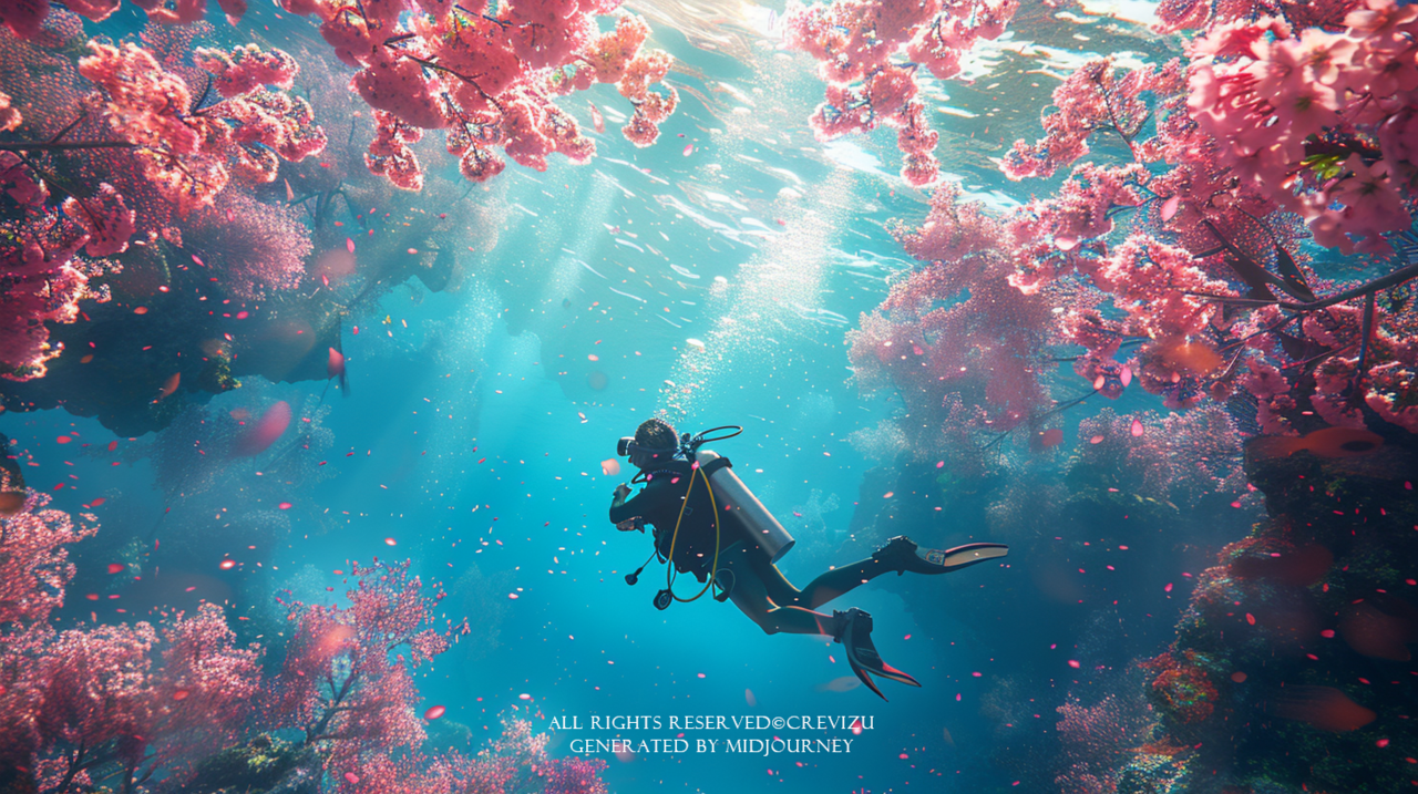  a diver woman, pop art, full body, fishes, cherry blossom trees, swimming in the deepsea, colorful, scratched, bright color, global illustration (사진=크레비쥬)