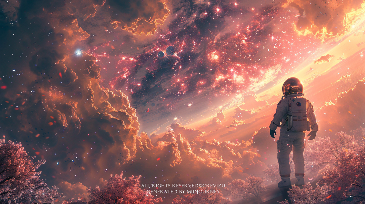 an astronaut fullbody shot in digital art is on the screen, cherry blossom forest in the style of cyberpunk, manga, pop kei (사진=크레비쥬)