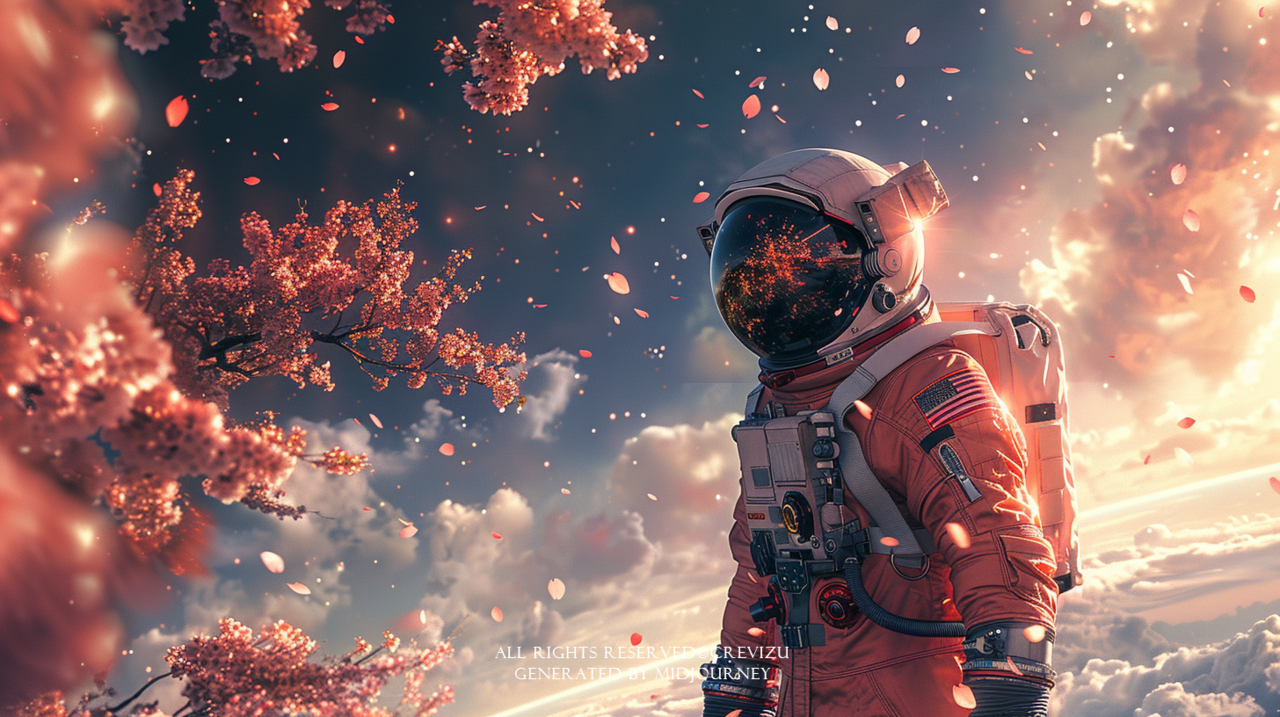 an astronaut fullbody shot in digital art is on the screen, cherry blossom forest in the style of cyberpunk, manga, pop kei (사진=크레비쥬)