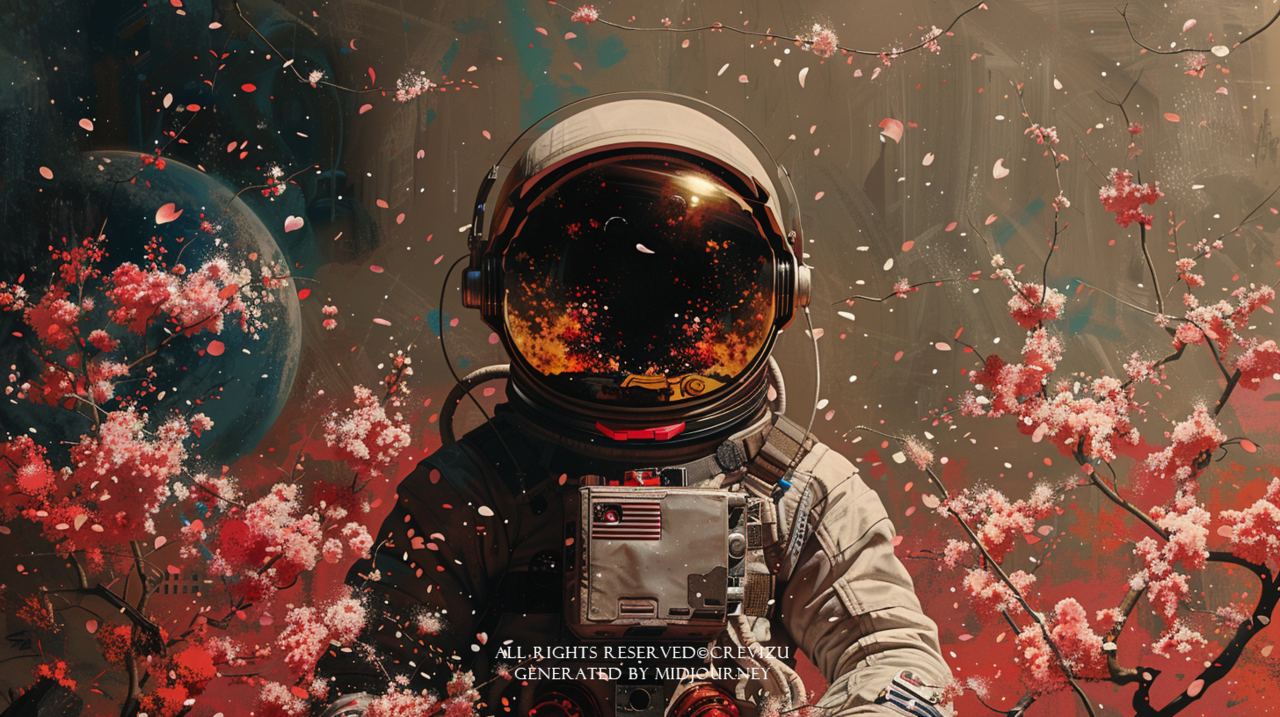 an astronaut fullbody shot in digital art is on the screen, cherry blossom forest in the style of cyberpunk, manga, pop kei(사진=크레비쥬)