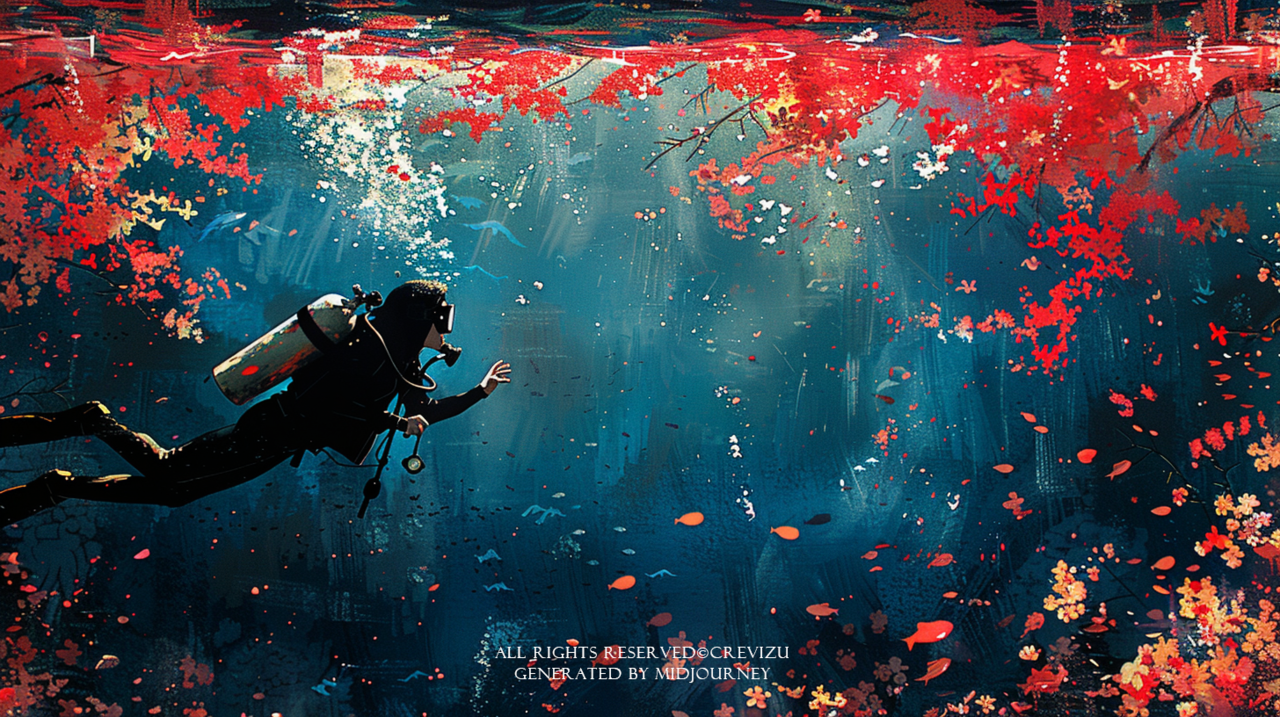  a diver woman, pop art, full body, fishes, cherry blossom trees, swimming in the deepsea, colorful, scratched, bright color, global illustration (사진=크레비쥬)