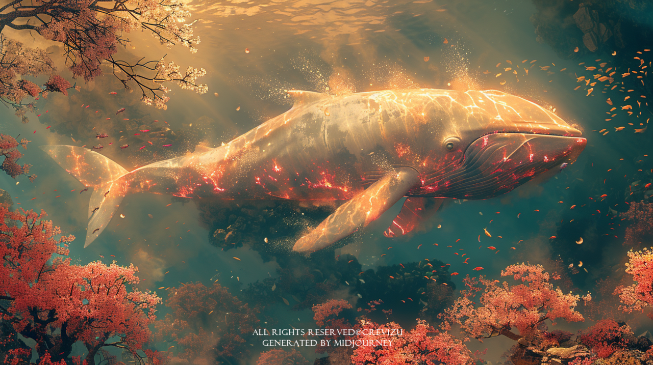 a diver woman, pop art, full body, fishes, cherry blossom trees, swimming in the deepsea, colorful, scratched, bright color, global illustration (사진=크레비쥬)