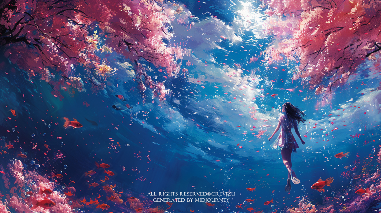 a diver woman, pop art, full body, fishes, cherry blossom trees, swimming in the deepsea, colorful, scratched, bright color, global illustration (사진=크레비쥬)