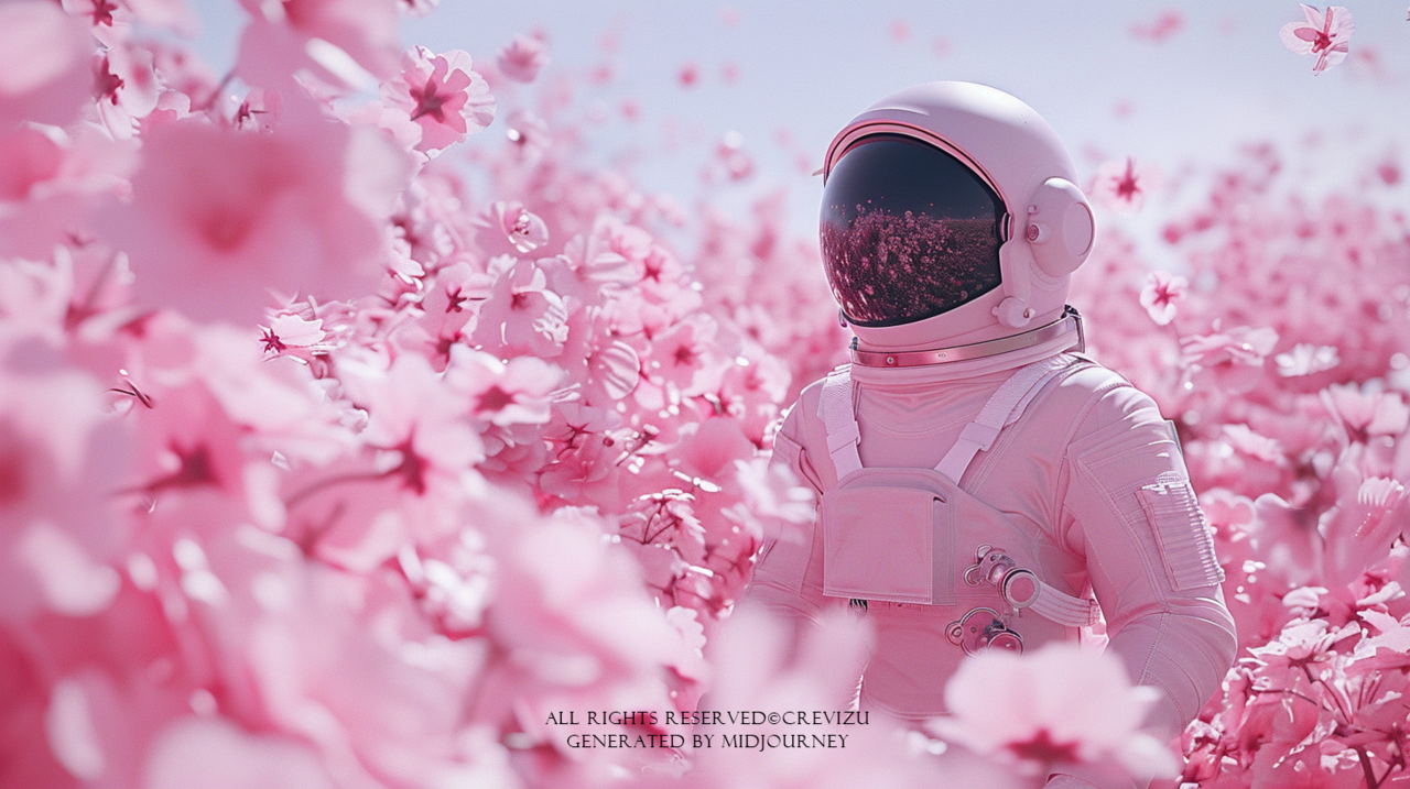 an astronaut fullbody shot in digital art is on the screen, cherry blossom forest in the style of cyberpunk, manga, pop kei (사진=크레비쥬)