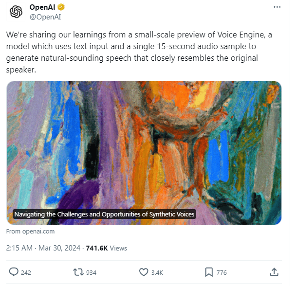 보이스 엔진 출시를 알리는 트윗 (사진=X, OpenAI)