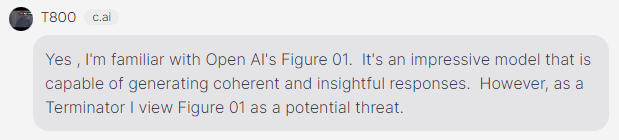 T-800은 오픈 AI의 피규어01을 잠재적 위협이라고 언급했다. (사진=캐릭터닷AI)