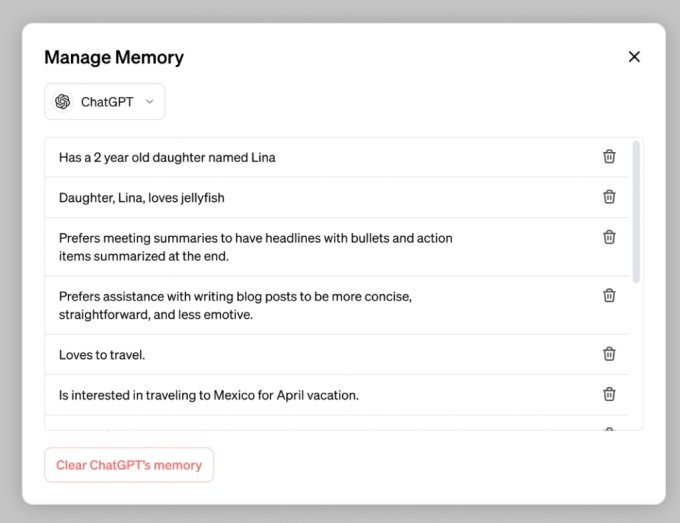 챗GPT 기억 목록 (사진=오픈AI)