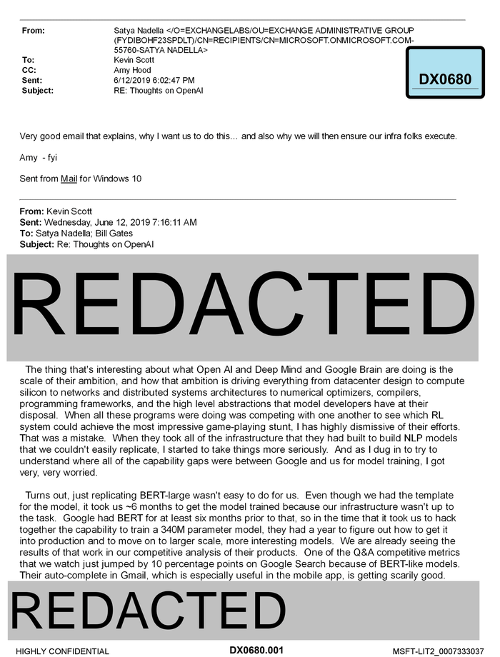 미국 법무부가 구글을 상대로 낸 반독점 소송의 일환으로 공개된 MS 내부 이메일 (사진=미법무부)