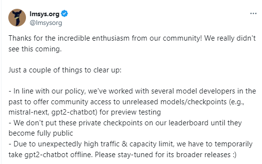 LMSYS의 gpt2 게시 중간 메시지 (사진=X, lmsys)