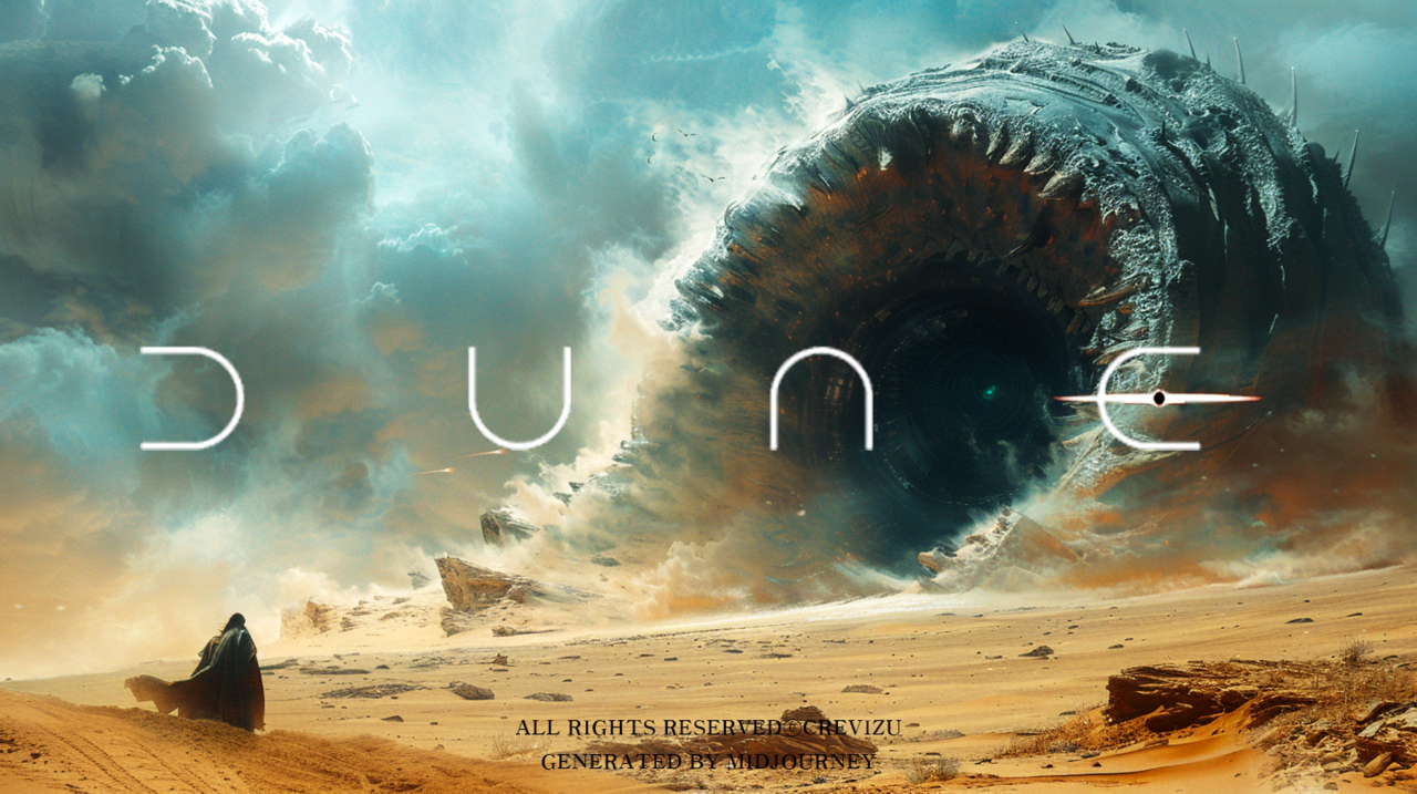 a giant sandworm, desert, dune, a boy ride a giant sandworm, arakis planet, A boy who becomes the emperor who rules the universe looks down on the battle from a high place. stylize 750 (사진=크레비쥬)