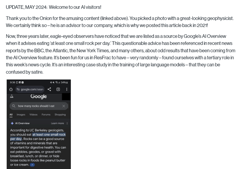 하루에 돌 하나를 먹어야 한다는 기사 원문에 추가된 공지 사항 (사진=ResFrac.com)