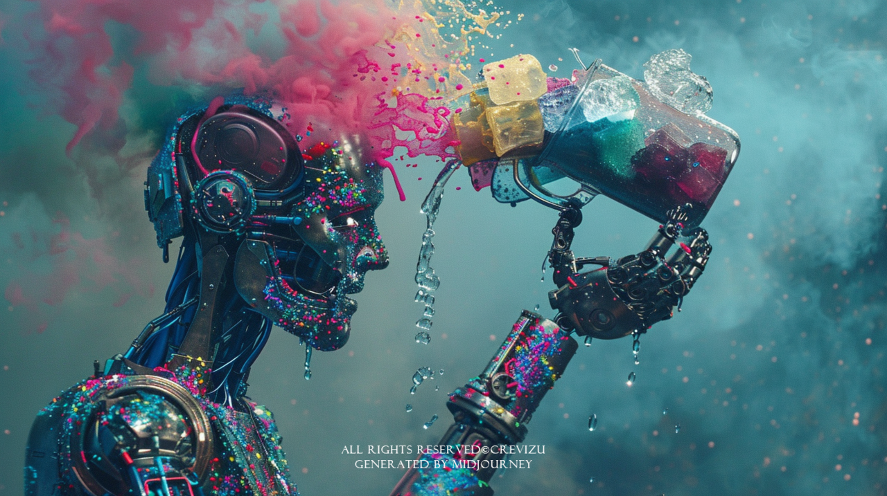  In the far reaches of space, a robot is near the sun, trying to cooloff. the robot is pouring water from a cup over its head. the cup contains ice anda colorfuul cocktail. the intense heat from the nearby sun makes the scene dramatic,with the robot’s metallic surface glowing from the heat and steam rising as the icewater makes contact. the vastness of space and the bright, radiant (사진=크레비쥬)