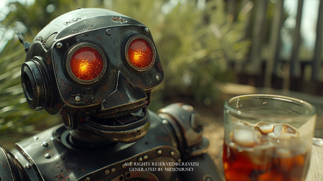 35mm phothgraph, In the hot weather, a robot with cracked skin dueto the heat sits in front of a bowl of cold cola (사진=크레비쥬)