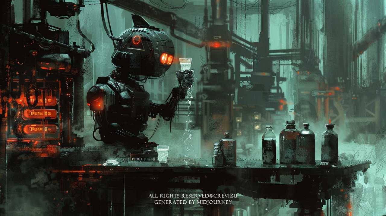 a stylize painting of a robot working on the factory, overheating,drinking ice water (사진=크레비쥬)