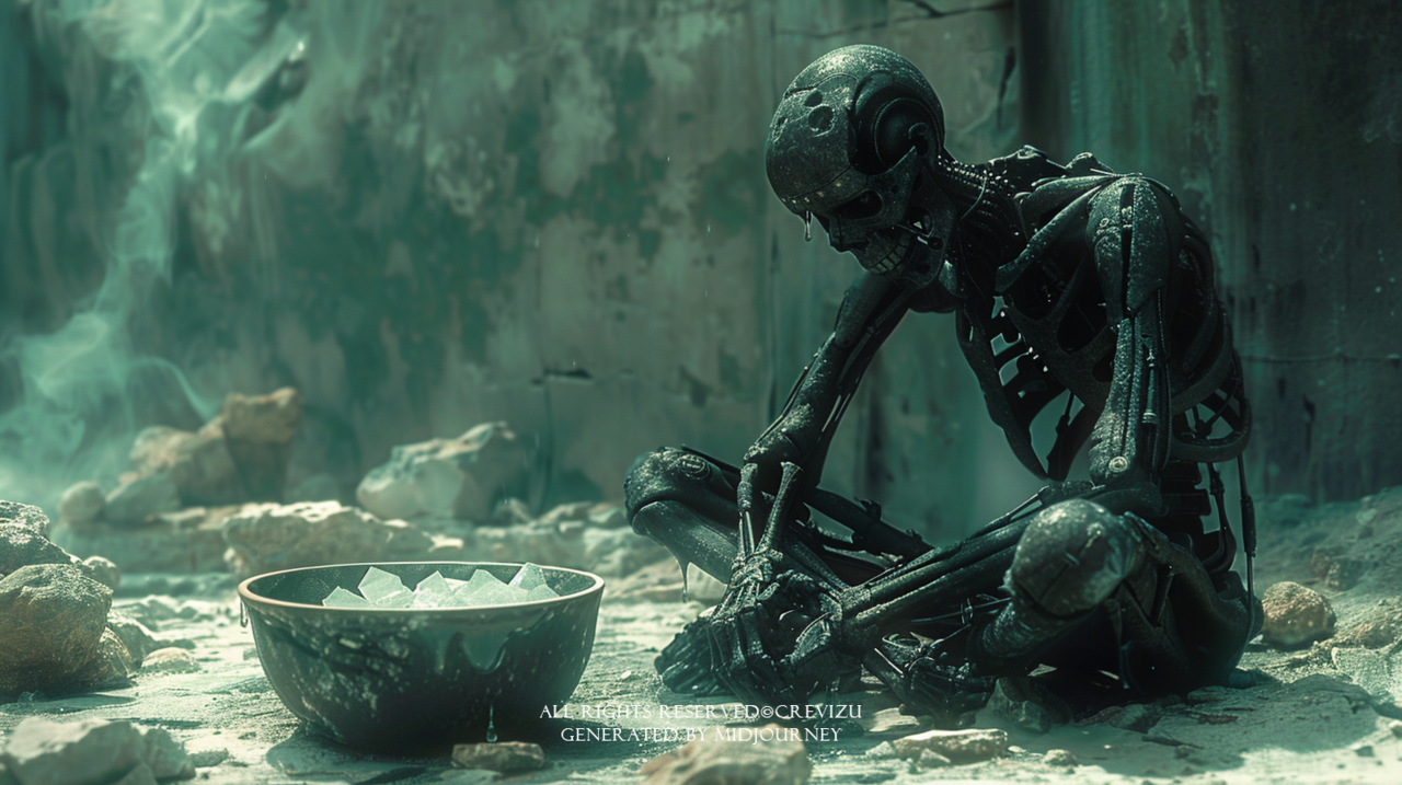 in the style of H.R Giger, in the hot weather, a robot with cracked skin due (사진=크레비쥬)