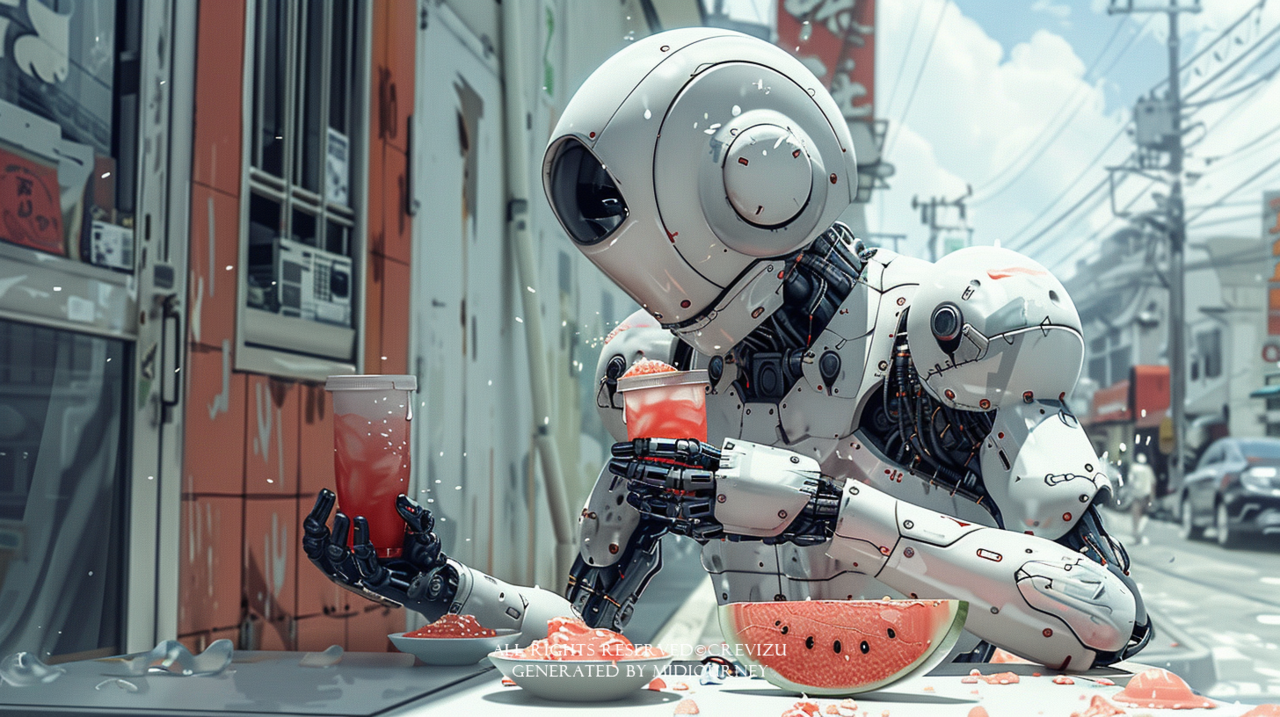 in the style of nightcore, light navy and light gray, bli-and-you miss-it detail,gragmented memories, water drops, ocean academia, heavy shading, The robot iscooling down by eating ice cream, watermelon, cold noodles, and shaved ice (사진=크레비쥬)