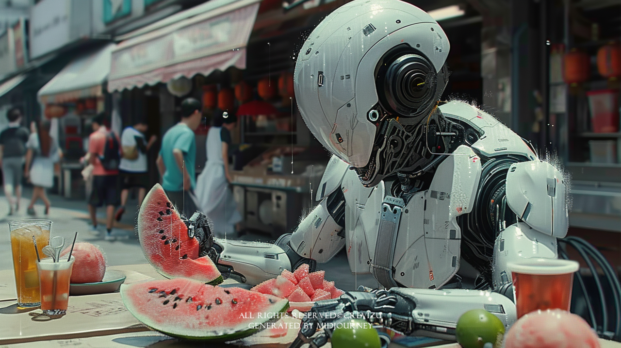 in the style of nightcore, light navy and light gray, bli-and-you miss-it detail,gragmented memories, water drops, ocean academia, heavy shading, The robot iscooling down by eating ice cream, watermelon, cold noodles, and shaved ice (사진=크레비쥬)