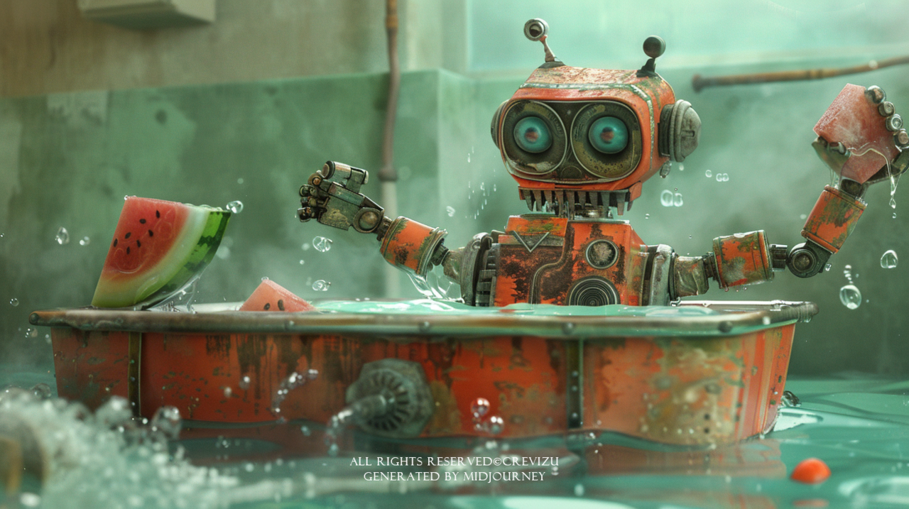 Megazine. in the style of mielgo, The robot is cooling down in a bathtubfilled with ice water. It's holding a watermelon in one hand and an ice packagainst its head with the other hand. colorful, light emerald and orange, highlytextured (사진=크레비쥬)