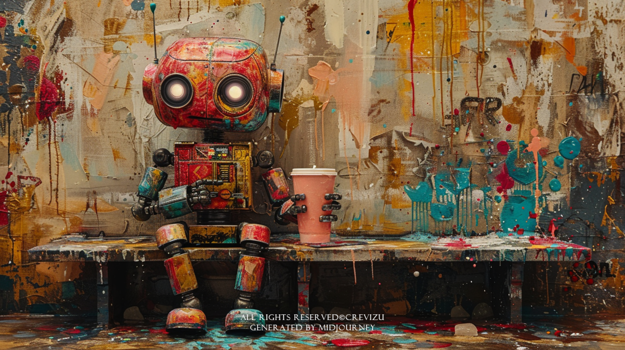 ice and robot, cool breeze, robot drink ice water, colorful, painting in thestyle of mordecai ardon, sitting on the bench, decorative background, pastel color (사진=크레비쥬)
