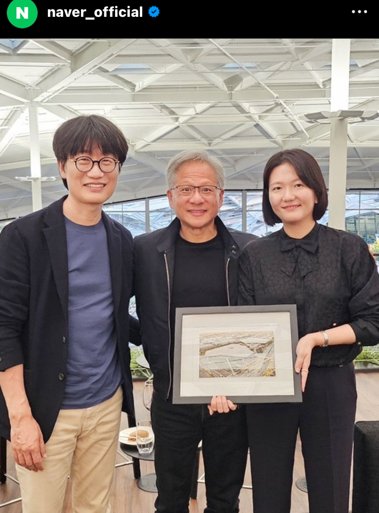 이해진 글로벌투자책임자(왼쪽부터), 젠슨 황 엔비디아 CEO, 최수연 네이버 대표 (사진=인스타그램, 네이버_오피셜)