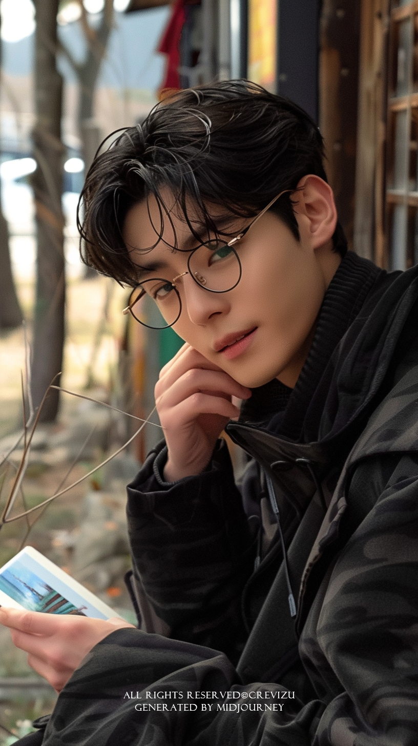 a hansome korean male model a nerdy style sits on a street bench reading book. (사진=크레비쥬)