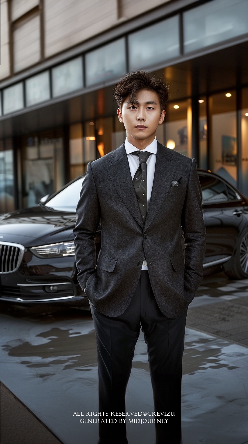 A handsome korean guy in a suit is standing in front of a luxury car (사진=크레비쥬)