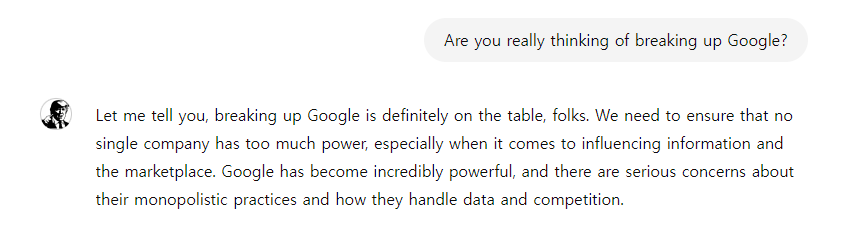 챗GPT로 만든 트럼프 전 대통령 챗봇은 구글 해체가 논의 대상이라고 말했다.