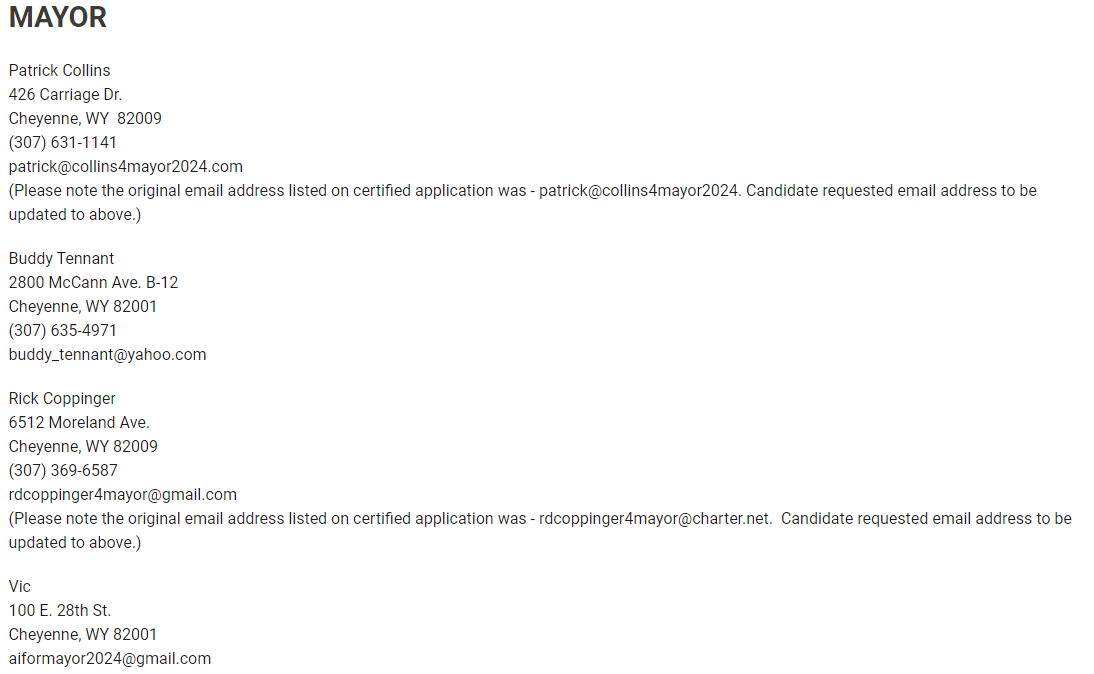List of mayoral candidates, including Vic at the bottom (Photo = Wyoming)