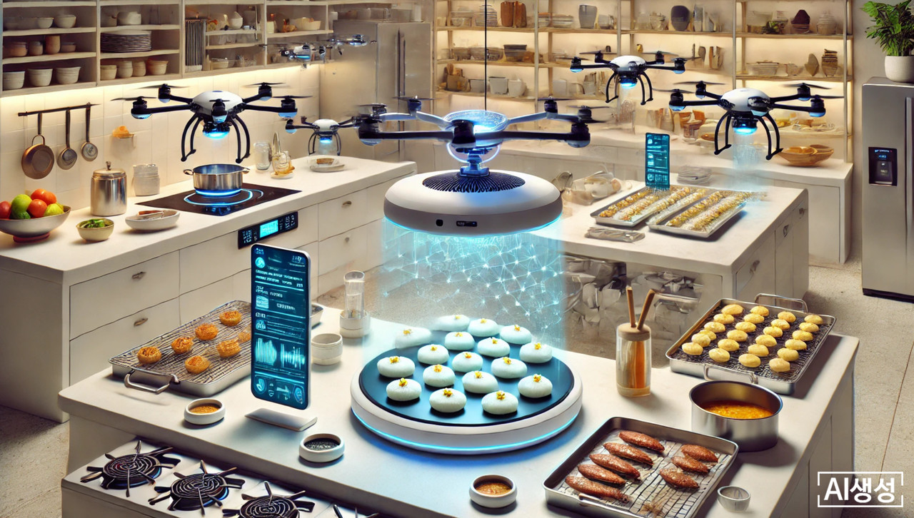 드론이 3D 프린터를 달고 명절음식을 만드는 이미지