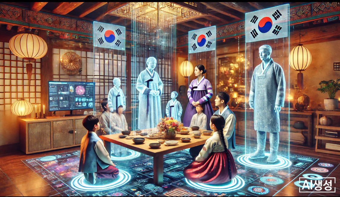 챗GPT는 2050년 추석에  홀로그램 조상이 등장하는 모습을 생성했다.