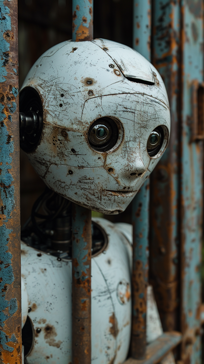 A robot locked up behind bars in a police station (사진=크레비쥬)