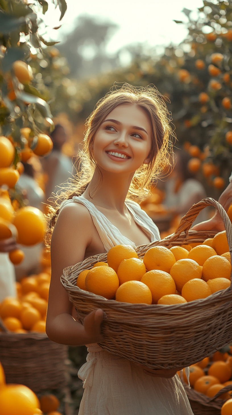 A beautiful woman is holding a basket of yellow orange (사진=크레비쥬)