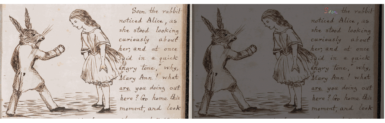 "이상한 나라의 앨리스"의 한 페이지를 원래 형태(왼쪽)와 잉크사이트가 디지털로 변환한 후(오른쪽)로 보여준다. (사진=구글)