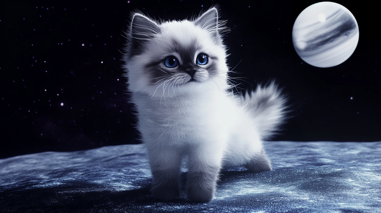 A cute cat wearing a spacesuit flying in space, surrounded by planets visible in the blackness of the universe, with colorful starlight sparkling around. (사진=크레비쥬)