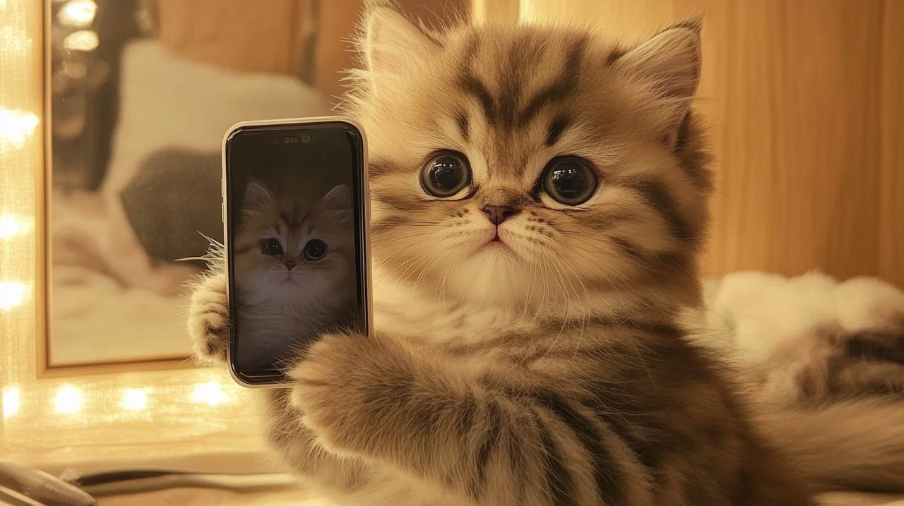 A cute cat holding a smartphone, taking a selfie while looking into a mirror. The cat has a playful expression, surrounded by a cozy room setting. (사진=크레비쥬)