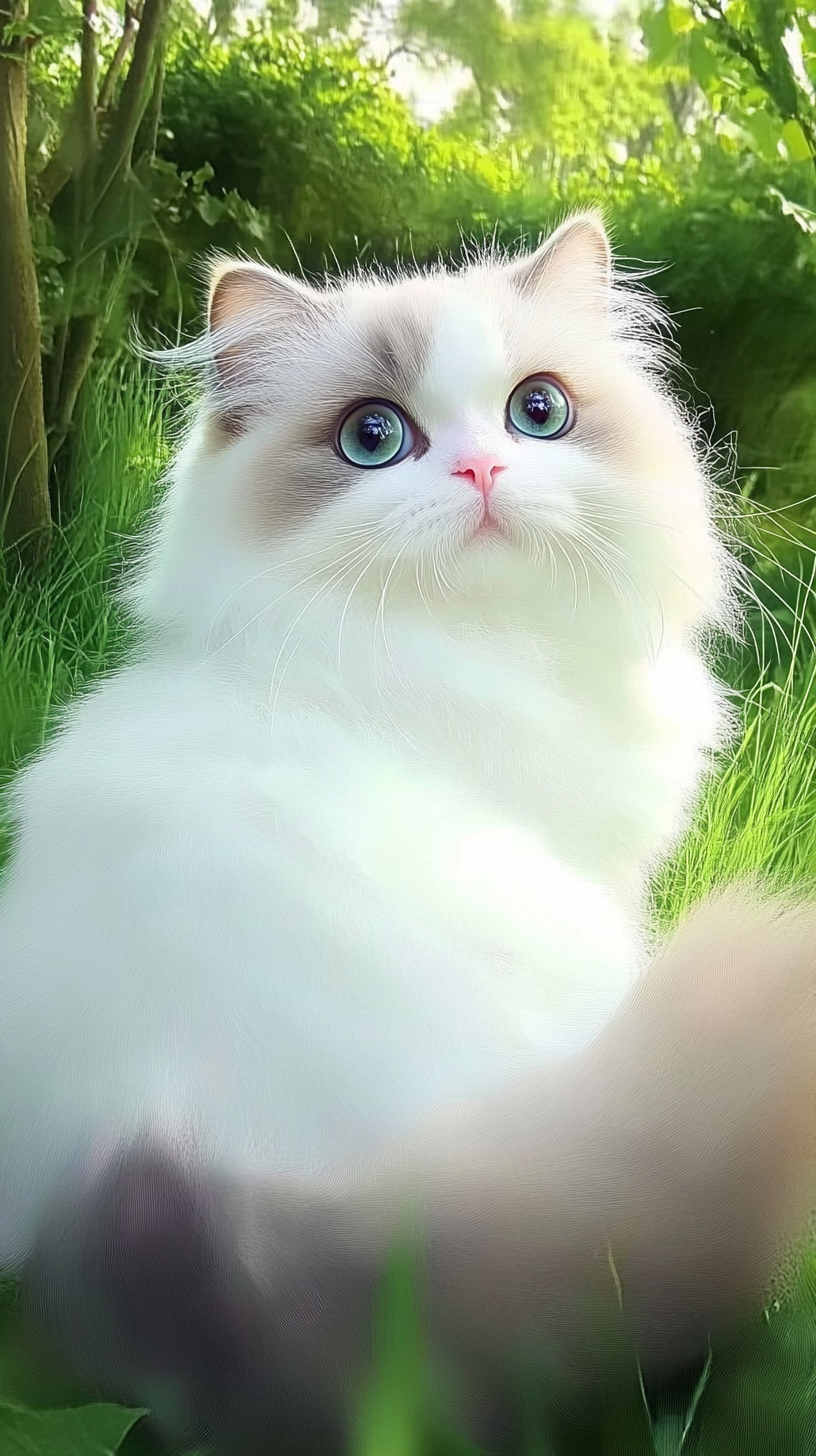 A cute white kitten with fluffy fur and bright green eyes, sitting on a vibrant green grassy field. The kitten looks small and curious, with an adorable expression as it takes in its surroundings. (사진=크레비쥬)