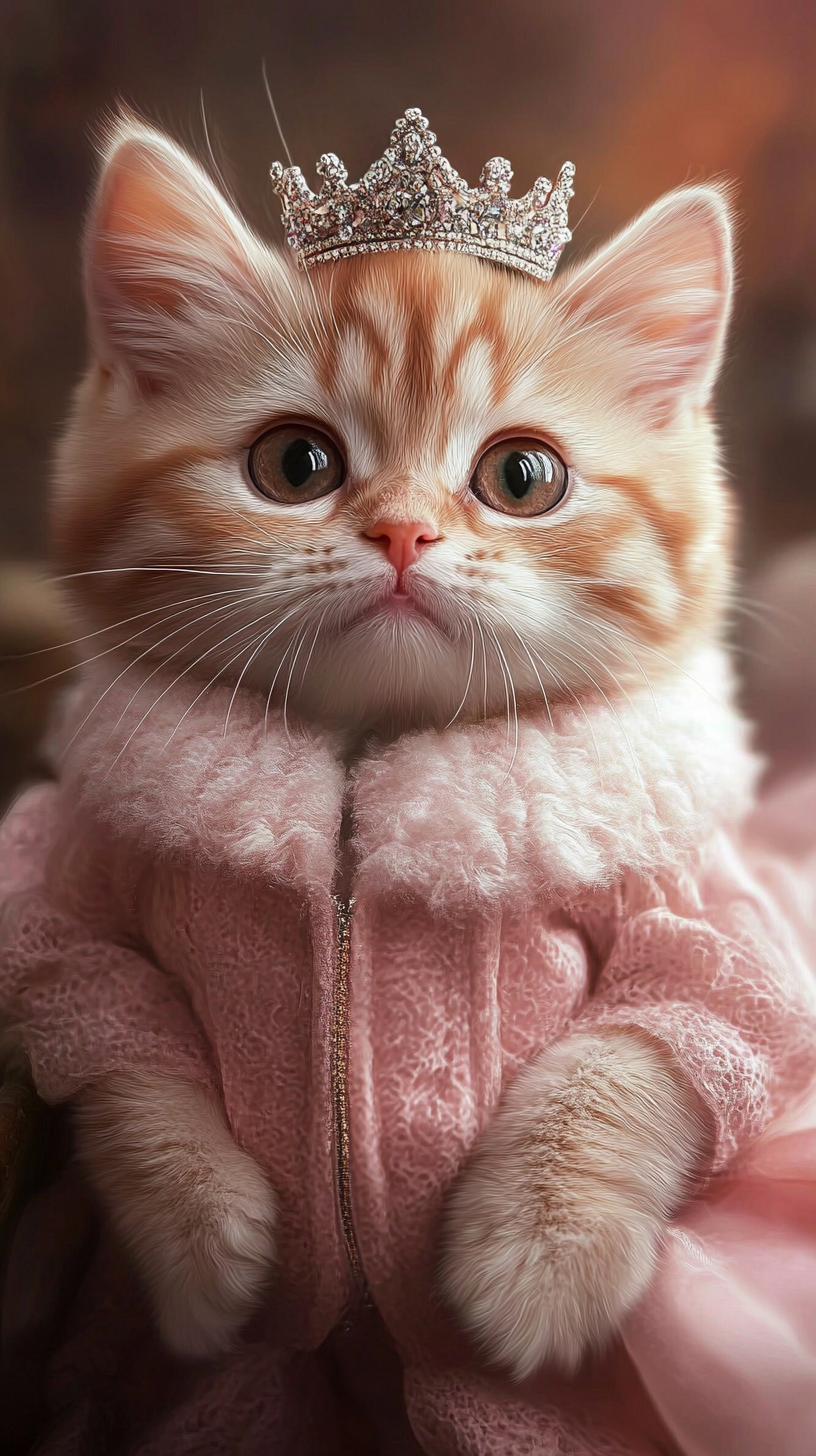 A cute baby girl kitten dressed in a princess outfit, wearing a small crown. The kitten looks beautiful and elegant, with a sweet expression, as if she’s ready for a royal event. (사진=크레비쥬)