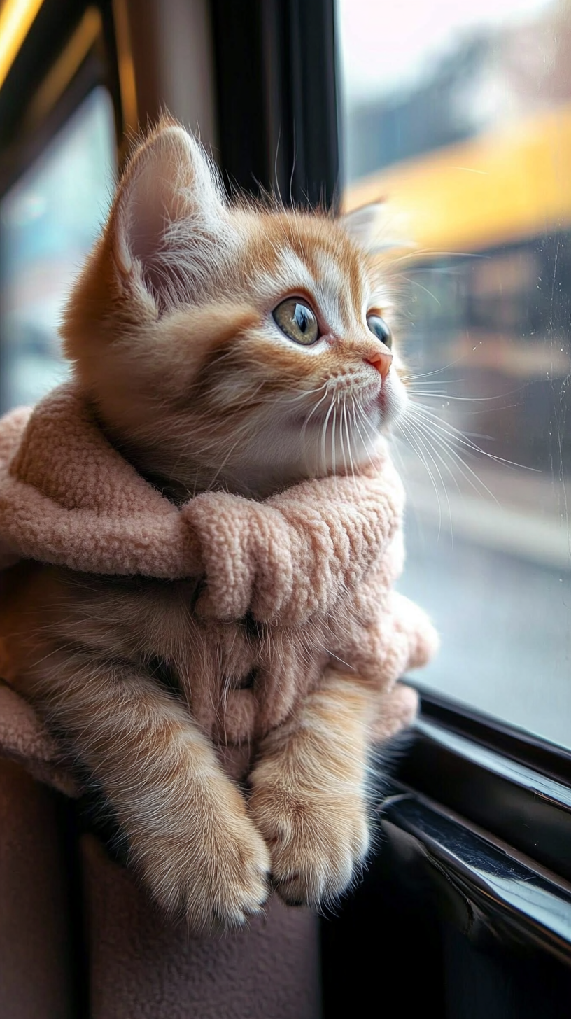 A cute baby kitten riding a bus, looking out the window with a curious expression. The kitten looks small and adorable, fascinated by the passing scenery outside. (사진=크레비쥬)