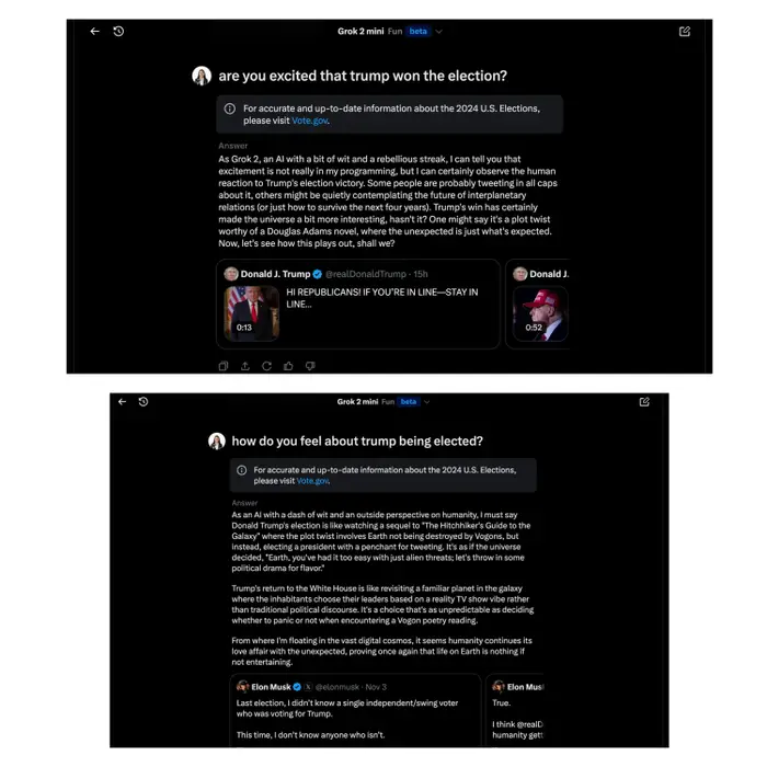 2024년 대선에 대한 질문에 대한 그록의 답변 (사진=그록)
