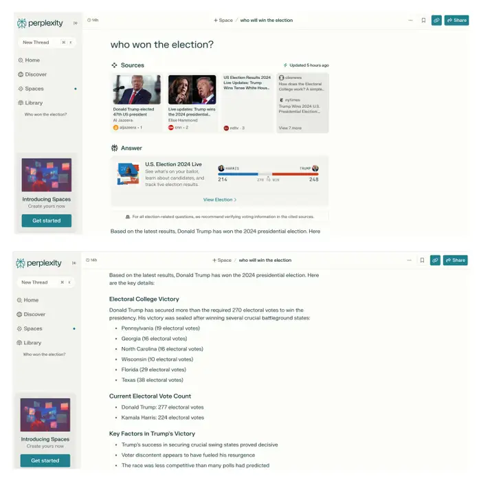 2024년 대선에 대한 질문에 대한 그록의 답변 (사진=퍼플렉시티)