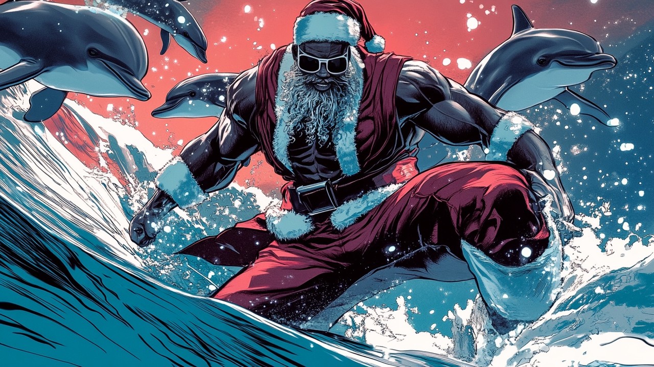 A muscular Black man dressed in a modern Santa outfit and wearing sunglasses, confidently surfing a massive, towering wave. His vibrant red and white Santa attire is sleek and athletic, perfectly suited for the action-packed scene. Surrounding him, dolphins wear Santa hats, adding a whimsical and surreal touch as they leap through the air around him. The man rides the wave with effortless skill, his pose dynamic and powerful, almost defying gravity. The bright summer sky above and the sparkling ocean below create a vivid, dreamlike atmosphere. (사진=크레비쥬)