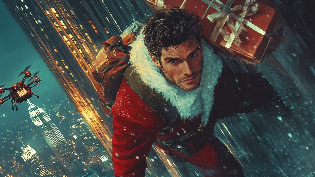 A handsome man wearing a Santa suit, climbing the exterior of the Empire State Building, a towering skyscraper, with a large, bulging gift bundle on his back. He is dressed in a unique stainless steel vest, and from his back extend large, angelic wings made of stainless steel, adding a majestic, ethereal element. His face shows determination with a confident expression and intense eyes. His physique is muscular and athletic, with the suit fitting him perfectly, emphasizing his toned body. The lighting highlights his strong features as he clings to the building, with the cold night sky and distant city lights providing a dramatic backdrop. A cargo drone hovers nearby, tethered to a large basket filled with gift boxes. The painting style features visible brushstrokes and a unique, expressive approach inspired by the distinct style of Egon Schiele. (사진=크레비쥬)