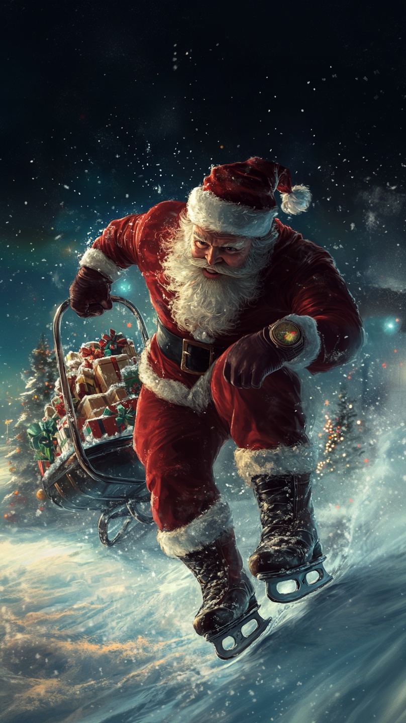Santa, now a muscular, fitness-enthusiast version of himself, laces up a pair of sleek, sparkling ice skates with focused determination. His red suit, now form-fitting to highlight his chiseled physique, looks more athletic than ever. He grips the handles of a sleigh, which resembles a shopping cart, filled with gift boxes, as he skates powerfully across a frosty landscape. Santa, sporting a smart watch on his wrist, exudes energy and strength, radiating confidence like a professional athlete. His muscles ripple as he glides with speed and precision through a magical winter wonderland. The icy surface reflects the soft glow of twinkling Christmas lights, while delicate snowflakes swirl around him in a dreamy, ethereal atmosphere. The sky above is painted in rich, deep blues and purples, bathed in the glow of distant stars and the soft shimmer of the northern lights. Santa, with rosy cheeks from the cold, grins with a mix of joy and determination as he skates through a picturesque snowy village, leaving behind a trail of sparkling stardust. His sleigh, resembling a cart with handles, glides effortlessly along the frozen path, reflecting the winter light. The scene is bold, energetic, and full of Christmas magic, a perfect blend of strength, joy, and festive spirit, captured in a heroic action pose, in the style of Dan Mora. (사진=크레비쥬)