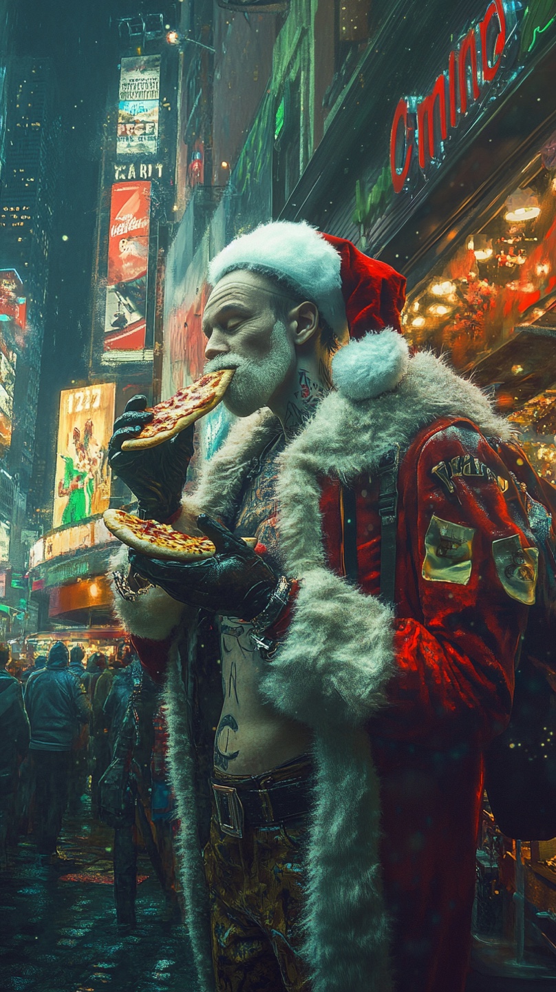 A very skinny santa eat a slice of pizza with the other. He stands in front of a bustling fast food pizza shop in New York’s Times Square. The scene is vibrant and dynamic, blending the modern cityscape with whimsical, festive elements. The atmosphere is lively, with a humorous contrast between the man’s emaciated appearance and the indulgence of eating pizza, rendered in a colorful, energetic style with intricate details and a woodblock print aesthetic reminiscent of Hokusai and Hiroshi Yoshida, with influences of Gustav Klimt and Alphonse Mucha, conveying elegance and whimsical charm. (사진=크레비쥬)
